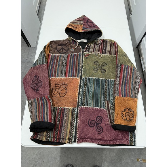 Funky Threads Jackets & Blazers - Funky Threads Hooded Patchwork Jacket Symbol Peace Sign Tribal Boho Festival XL